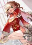  1girl bare_legs blonde_hair blurry blurry_background blurry_foreground breasts china_dress chinese_clothes cleavage cleavage_cutout clothing_cutout double_bun dress fang green_eyes hair_bun hand_fan high_collar highres hololive hood large_breasts long_hair long_sleeves looking_at_viewer momosuzu_nene open_mouth red_dress sandals shiinamirin skin_fang smile solo standing standing_on_one_leg two_side_up virtual_youtuber wide_sleeves 