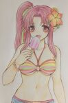  1girl :d arm_at_side belt bikini bikini_top_only blue_belt blush breasts collarbone colored_pencil_(medium) cowboy_shot flower food green_ribbon hair_flower hair_ornament hair_ribbon halterneck hand_up hibiscus higemaccho high_ponytail highres ice_cream jewelry long_hair looking_at_viewer medium_breasts millie_chliette navel o-ring o-ring_bikini o-ring_top open_mouth parted_bangs pink_hair pointy_ears red_eyes red_flower ribbon side_ponytail sidelocks simple_background smile solo standing star_ocean star_ocean_first_departure straight_hair striped striped_bikini swimsuit traditional_media underboob white_background yellow_flower 