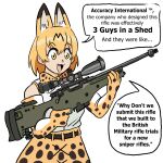  1girl :d accuracy_international ai_arctic_warfare animal_ears blonde_hair bolt_action bow bowtie elbow_gloves english_commentary english_text extra_ears fang finger_on_trigger gloves gun hair_between_eyes high-waist_skirt hikibee holding holding_gun holding_weapon kemono_friends open_mouth print_bow print_bowtie rifle scope serval_(kemono_friends) serval_print shirt short_hair simple_background skirt sleeveless sleeveless_shirt smile sniper_rifle solo weapon white_background white_shirt wide-eyed yellow_eyes 