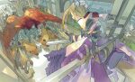  1boy 1girl akitsu_taira armor battle blonde_hair bone dress dual_wielding fantasy fish_bone from_behind holding holding_sword holding_weapon huge_antenna_hair monster original perspective purple_dress shoulder_armor solo_focus sword weapon 