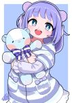  1girl animal_ears bear_ears blue_eyes blue_hair blue_jacket cowboy_shot doll_hug fake_animal_ears headset highres jacket long_hair looking_at_viewer loungewear negiponzu nijisanji object_hug open_mouth solo striped striped_jacket stuffed_animal stuffed_toy teddy_bear virtual_youtuber yuuki_chihiro 