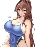  1girl absurdres black_one-piece_swimsuit blue_one-piece_swimsuit blush breasts brown_eyes brown_hair cherry_blossoms competition_swimsuit covered_navel cowboy_shot dated hair_between_eyes hair_intakes headgear highleg highleg_swimsuit highres impossible_clothes impossible_swimsuit kantai_collection large_breasts long_hair looking_at_viewer montemasa multicolored_clothes multicolored_swimsuit one-hour_drawing_challenge one-piece_swimsuit ponytail sitting solo swimsuit twitter_username two-tone_swimsuit yamato_(kancolle) 