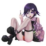  1boy absurdres barbell_piercing bare_shoulders black_hair black_skirt black_thighhighs bulge chizoku_sawa clothing_cutout commentary_request crescent crescent_hair_ornament danganronpa_(series) danganronpa_v3:_killing_harmony ear_piercing fishnet_thighhighs fishnets frilled_shirt_collar frills hair_between_eyes hair_ornament high_heels highres industrial_piercing jewelry jirai_kei male_focus middle_finger multiple_piercings oma_kokichi open_mouth orange_panties otoko_no_ko paddle paid_reward_available panties piercing pink_shirt platform_footwear platform_heels purple_hair red_panties ring ringed_eyes shirt short_hair shoulder_cutout skirt spike_piercing striped striped_panties table_tennis_paddle thighhighs tongue tongue_out tongue_piercing underwear upskirt 