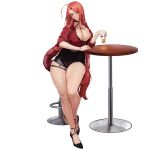  1girl ahoge alcohol bar_stool beast_hunter_(last_origin) belt between_breasts black_belt black_bra black_collar black_footwear black_shorts bra bra_peek bracelet breasts buttons cherry cleavage collar cross cross_earrings cup drink drinking_glass earrings elbow_on_table food footrest fruit full_body hair_intakes hand_on_table high_heels highres holding holding_cup holding_drink huge_ahoge jewelry large_breasts last_origin leather_shorts long_hair looking_at_viewer nail_polish o-ring_strap o-ring_suspenders official_alternate_costume official_art parted_lips partially_unbuttoned red_eyes red_hair red_nails red_shirt round_table shirt shorts shot_glass simple_background sitting sleeves_rolled_up solo stool strappy_heels suspenders table tachi-e thick_eyebrows thick_thighs thigh_strap thighs third-party_source transparent_background tunamayo_(dsasd751) underwear very_long_hair wooden_table 
