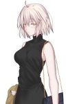  1girl ahoge alternate_costume bag bare_shoulders black_bag black_skirt black_sweater blush breasts brown_jacket closed_mouth commentary_request contemporary fate/grand_order fate_(series) grey_hair hair_between_eyes handbag highres iro_(sekaixiro) jacket jeanne_d&#039;arc_alter_(fate) large_breasts looking_at_viewer pale_skin short_hair simple_background skirt sleeveless sleeveless_sweater solo sweater turtleneck turtleneck_sweater unworn_jacket white_background yellow_background 