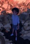  1boy aged_down black_eyes black_hair chrollo_lucilfer dvd_case full_body highres hunter_x_hunter looking_at_viewer male_child male_focus myyykco pile_of_trash shirt short_hair shorts solo white_shirt 