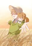  &gt;_&lt; 2boys :d animal_ears brown_hair brown_headwear closed_eyes collared_shirt day dog_ears dog_tail green_sweater hair_between_eyes highres littletreeee long_sleeves luke_pearce_(tears_of_themis) multiple_boys necktie outdoors outstretched_arms red_eyes shirt sleeves_past_wrists smile spread_arms sweater tail tears_of_themis thick_eyebrows upper_body wheat_field white_shirt xd yellow_necktie 