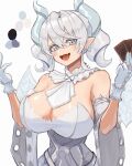  1girl breasts card cleavage demon_girl demon_horns demon_wings dress duel_monster gloves grey_eyes holding horns large_breasts looking_at_viewer lovely_labrynth_of_the_silver_castle low_wings moppo multiple_wings pointy_ears smile solo twintails white_hair white_horns wings yu-gi-oh! 