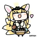  1girl :d animal_ears animated animated_gif arknights artist_name bag basket black_cat blonde_hair blue_skirt blush brown_bag cardigan cat chibi creature_on_head dithering ear_wiggle fox_ears fox_girl fox_tail full_body glowing heart heixiu holding holding_basket kitsune kyuubi looping_animation lowres luoxiaohei multicolored_hair multiple_tails neck_ribbon on_head open_cardigan open_clothes red_ribbon ribbon seseren shirt shoulder_bag simple_background skirt smile solo suzuran_(arknights) suzuran_(spring_praise)_(arknights) tail the_legend_of_luo_xiaohei transparent_background two-tone_hair white_hair white_shirt yellow_cardigan 