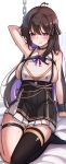  1girl absurdres ahoge arm_behind_head arm_up armpits bare_shoulders black_choker black_skirt breasts bright_pupils brown_hair chain choker clenched_teeth collared_shirt colored_inner_hair commission frown heart heart_ahoge high-waist_skirt highres kyoto_mogu large_breasts layered_skirt looking_at_viewer multicolored_hair neck_ribbon original pleated_skirt purple_eyes purple_hair ribbon seiza shirt sideboob simple_background single_thighhigh sitting skindentation skirt sleeveless sleeveless_shirt solo sweat teeth thigh_strap thighhighs thighs v-shaped_eyebrows white_background white_shirt wrist_cuffs 