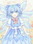  1girl ? @_@ absurdres blue_bow blue_dress blue_hair bow bowtie cirno commentary_request detached_wings dress floral_background frozen_frog hair_bow highres ice ice_wings open_mouth red_bow red_bowtie ro.ro short_hair short_sleeves snowflakes solo touhou wings 