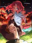  1boy 1girl animal black_clover book bruise burning eyelashes facial_mark feet_out_of_frame forehead_mark gem grimoire heterochromia highres holding holding_book injury long_hair looking_at_viewer oversized_animal pi_mi_n_u pink_hair pov pov_hands red_eyes salamander solo_focus starry_background third_eye 