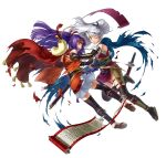  2girls arm_guards black_gloves black_thighhighs damaged fingerless_gloves fire_emblem fire_emblem:_radiant_dawn fire_emblem_heroes gloves hair_ribbon headband japanese_clothes long_hair micaiah_(fire_emblem) micaiah_(ninja)_(fire_emblem) multiple_girls ninja official_alternate_costume official_alternate_hairstyle official_art one_eye_closed open_mouth ponytail purple_eyes ribbon sanaki_kirsch_altina sanaki_kirsch_altina_(ninja) scarf scroll thighhighs torn_clothes torn_scarf white_background white_hair yellow_eyes 