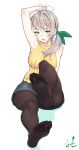  1girl arm_up armpits bare_shoulders blue_shorts blush breasts commentary_request dated eyelashes feet fine_fabric_emphasis foot_up green_eyes green_ribbon grey_hair hair_ribbon highres hori_shin impossible_clothes knee_up large_breasts looking_at_viewer mole mole_under_mouth on_ground open_mouth original pantyhose pantyhose_under_shorts ponytail ribbed_sweater ribbon shadow short_shorts shorts signature simple_background sitting sleeveless sleeveless_sweater soles solo sweater thighband_pantyhose thighs toes white_background 
