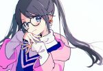  1girl black_hair blue_eyes commentary_request earrings glasses highres idolmaster idolmaster_shiny_colors jewelry long_hair looking_at_viewer mameyanagi mitsumine_yuika sleeves_past_wrists solo twintails upper_body white_background yellow_nails 