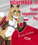  5_fingers :3 anthro averi_(fiddleafox) brown_body brown_fur canid canine casual_nudity chest_tuft dipstick_tail english_text female female_anthro fingers flag flag_(object) flag_background fox fur green_eyes hair hi_res holding_flag holding_object holidays independence_day_(poland) kamilsohn mammal markings poland signature solo tail tail_markings text tuft white_body white_fur 
