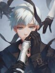  1boy black_gloves blindfold_removed gloves grey_eyes highres long_sleeves looking_at_viewer male_focus nier:automata nier_(series) no_blindfold short_hair white_hair yorha_no._9_type_s zieru 