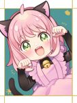  1girl animal_ears anya_(spy_x_family) apron bell black_dress cat_ears dress female_child green_eyes headband highres long_sleeves momo-tako nyan open_mouth pink_apron pink_hair smile solo spy_x_family 