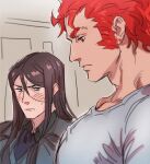  2boys bara black_hair black_shirt blush closed_mouth collared_shirt fate_(series) from_side iskandar_(fate) jeje_(pixiv12541114) large_pectorals long_hair looking_at_another looking_at_pectorals lord_el-melloi_ii lord_el-melloi_ii_case_files male_focus meme multiple_boys muscle_envy muscular muscular_male pectoral_envy_(meme) pectoral_focus pectorals red_hair shirt short_hair sideburns waver_velvet white_shirt yaoi 