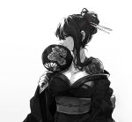  black_eyes black_hair breasts hair_bun hair_ornament hair_stick hand_fan holding holding_fan japanese_clothes kimono large_breasts library_of_ruina looking_at_viewer mole mole_on_breast obi paper_fan project_moon sash sayo_(library_of_ruina) shoulder_tattoo sidelocks simple_background sweat tattoo uchiwa upper_body white_background yono_neie 