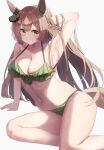  1girl absurdres animal_ears arm_support arm_up armpits bikini brown_hair commentary_request green_bikini grey_background hand_in_own_hair highres horse_ears horse_girl long_hair looking_at_viewer navel satono_diamond_(umamusume) simple_background sitting smile solo stomach swimsuit taguchi_yuu thighs umamusume very_long_hair yellow_eyes 