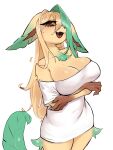  anthro azuu breasts brown_body brown_fur claws clothing eeveelution female finger_claws fur generation_4_pokemon hi_res leafeon looking_at_viewer nintendo open_mouth pokemon pokemon_(species) shirt simple_background solo topwear 