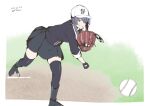  1girl ball baseball baseball_cap baseball_mitt black_gloves black_skirt black_sweater black_thighhighs boots commentary_request eyepatch full_body gloves grin hat kantai_collection pitching pleated_skirt purple_hair short_hair skirt smile solo sweater taira_yuuki tenryuu_(kancolle) thighhighs throwing yellow_eyes 