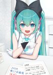  1girl aqua_eyes aqua_hair aqua_necktie black_bow bow cable calendar_(object) commentary crossed_arms gloves hair_bow hatsune_miku headphones highres holding holding_pen indoors leaning_forward light_blush long_hair looking_at_viewer magical_mirai_(vocaloid) magical_mirai_miku magical_mirai_miku_(2016) necktie nekoinu_bamboo paper pen shirt short_necktie sitting sleeveless sleeveless_shirt smile solo translated twintails upper_body very_long_hair vocaloid white_gloves white_shirt window 