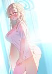  1girl :o asuna_(blue_archive) blonde_hair blue_archive blush breasts cleavage halo highres indoors itsk_ne large_breasts long_hair looking_at_viewer looking_to_the_side no_pants shirt shirt_tug solo sunlight sweat very_long_hair white_shirt 