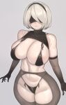  1girl absurdres bare_shoulders bikini black_blindfold black_hairband blindfold breasts closed_mouth cowboy_shot elbow_gloves facing_viewer gloves grey_background hairband highres kelvin_hiu large_breasts micro_bikini mole mole_under_mouth navel nier:automata nier_(series) short_hair simple_background solo standing swimsuit white_hair yorha_no._2_type_b 