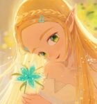  blonde_hair braid crown_braid dmwggg dress flower green_eyes hair_ornament hairclip highres holding holding_flower long_hair looking_at_viewer pointy_ears princess_zelda princess_zelda_(botw) silent_princess smile strapless strapless_dress the_legend_of_zelda the_legend_of_zelda:_breath_of_the_wild white_dress 