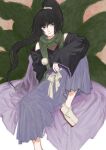  1other adagumo_no_yaorochi arm_on_knee artist_request black_hair black_sleeves brown_background buttons cape closed_mouth coat detached_sleeves floral_print frown green_coat green_scarf grey_eyes hakama hakama_pants japanese_clothes leg_up len&#039;en long_hair long_sleeves multiple_tails pants pom_pom_(clothes) protected_link purple_cape purple_pants purple_trim red_scarf sandals scarf side_ponytail sitting snake_tail socks tail white_socks wide_sleeves 