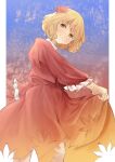  1girl absurdres aki_shizuha blonde_hair closed_mouth commentary dress gradient_background hair_ornament highres leaf leaf_hair_ornament long_sleeves looking_at_viewer maple_leaf mouryou_(chimimouryou) red_dress short_hair smile solo touhou yellow_eyes 