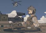  1girl aircraft assault_rifle blue_sky browning_m2 camouflage convoy dated desert_camouflage etmc1992 gun heavy_machine_gun helicopter highres load_bearing_vest machine_gun military military_vehicle motor_vehicle original oshkosh_m-atv radio rifle road scope sky tactical_clothes uh-1_iroquois united_states_marine_corps weapon wind 