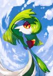  1girl alternate_hair_length alternate_hairstyle arm_at_side arm_up blue_background blue_sky cloud colored_skin commentary day flat_chest gardevoir green_hair green_skin hair_over_one_eye highres long_hair looking_at_viewer maemuki multicolored_skin one_eye_covered open_mouth outdoors pokemon pokemon_(creature) red_eyes shading_eyes sky solo sunlight two-tone_skin white_skin 