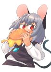  1girl absurdres animal_ears blush burger cheese commentary_request cropped_torso crystal eating food greenpiecerice grey_hair grey_skirt grey_vest hair_between_eyes highres holding holding_food jewelry long_sleeves looking_at_viewer medium_bangs mouse_ears mouse_girl mouse_tail nazrin open_mouth pendant red_eyes shirt short_hair simple_background skirt skirt_set solo tail teeth touhou upper_body vest white_background white_shirt 