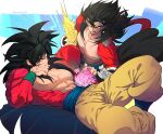  black_hair blue_eyes blue_sash blue_wristband closed_mouth dougi dragon_ball dragon_ball_gt dragon_ball_heroes dragon_ball_super earrings gloves jewelry long_hair male_focus monkey_boy monkey_tail multiple_boys muscular muscular_male ommmyoh open_mouth pants potara_earrings red_fur saiyan sash son_goku spiked_hair super_saiyan super_saiyan_4 tail time_patrol_(dragon_ball) twitter_username vegeta_(xeno) yellow_pants 