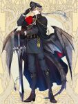  1boy adjusting_clothes adjusting_headwear belt black_cape black_footwear black_gloves black_headwear cape chain dairoku_ryouhei dragon_boy dragon_tail dragon_wings flaming_eye fujimoto_kishino full_body gloves hair_between_eyes highres long_hair long_sleeves looking_at_viewer male_focus nilshog_nilfheim ponytail sharp_teeth solo standing sword tail teeth thigh_strap uniform weapon white_hair wings 