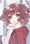  1girl animal_ears blush brown_hair coat cow_ears cow_girl cow_horns earrings headband holmy_(show_by_rock!!) horns jewelry long_sleeves looking_at_viewer mel6969 open_mouth red_coat red_eyes red_headband scarf short_hair show_by_rock!! solo white_scarf 