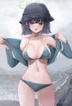  1girl :o bikini black_hair black_headwear blue_archive blue_bikini blue_eyes blue_jacket breasts collarbone commentary_request halo hands_up hat highres jacket large_breasts long_sleeves looking_at_viewer navel neneru open_clothes open_jacket open_mouth outdoors saki_(blue_archive) solo standing swimsuit water waves 