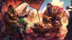  2boys absurdres beard black_hair brown_eyes character_request cloud cloudy_sky dark-skinned_male dark_skin desert dreadlocks earrings egyptian egyptian_clothes eye_contact facial_hair food full_body gold hair_tattoo highres jewelry k&#039;sante_(league_of_legends) league_of_legends looking_at_another male_focus mature_male multiple_boys muscular muscular_male official_art pharaoh short_hair sitting sky smile table tent thick_eyebrows tonysaurus usekh_collar 