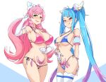  2girls bar_censor bikini blue_bikini blue_eyes blue_hair bow breasts censored closed_mouth condom condom_belt crotchless crotchless_swimsuit cure_prism cure_sky elbow_gloves gloves gradient_hair green_eyes hair_ornament heart heart-shaped_pupils highres hirogaru_sky!_precure large_breasts licking_lips long_hair magical_girl multicolored_hair multiple_girls nijigaoka_mashiro open_mouth pink_bikini pink_hair precure pubic_tattoo pussy smile sora_harewataru streaked_hair swimsuit symbol-shaped_pupils tattoo tongue tongue_out twintails twogie very_long_hair white_gloves 