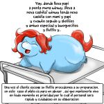  absurd_res blue_body dialogue female feral fluffy_pony furniture hair hi_res imminent_vore impending_abuse inshi red_hair rolling_table simple_background solo spanish_text table text white_background 