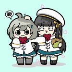  2girls :3 ^_^ aqua_background arm_up assault_lily beret black_footwear black_hair blue_skirt blunt_bangs blush bow bowtie brown_footwear chibi closed_eyes closed_mouth commentary flower_(symbol) food full_body grey_hair grey_thighhighs hand_on_another&#039;s_head hand_up hands_up hat hat_ribbon headpat herensuge_girls_academy_school_uniform highres holding holding_food jacket konpeitoull_(c12h22o11_tr_6) long_hair long_sleeves looking_at_another looking_to_the_side miniskirt morimoto_yuni motion_lines multiple_girls notice_lines open_mouth outstretched_arm pushing_away red_bow red_bowtie ribbon sasaki_ran school_uniform shoes side-by-side sideways_glance simple_background skirt sleeves_past_wrists smile solid_circle_pupils speech_bubble spoken_squiggle squiggle standing sweatdrop taiyaki thighhighs v-shaped_eyebrows very_long_hair wagashi wavy_mouth white_headwear white_jacket white_thighhighs yellow_ribbon 