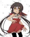 1girl black_hair black_thighhighs bow breasts commentary_request cookie_(touhou) dress expressionless feet_out_of_frame grey_hair hair_between_eyes hair_bow hakurei_reimu long_hair medium_bangs multicolored_hair nahori_(hotbeans) open_mouth red_bow red_dress ringed_eyes sidelocks sleeveless sleeveless_dress small_breasts solo thighhighs touhou two-tone_hair very_long_hair white_background yellow_eyes yuyusu_(cookie) zettai_ryouiki 