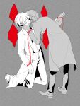  2boys ayin_(project_moon) chinese_commentary chromatic_aberration commentary_request dual_persona film_grain haokoooo highres kneeling lab_coat lobotomy_corporation long_sleeves male_focus multiple_boys open_mouth pants project_moon shirt shoes short_hair spoilers spot_color string string_of_fate 
