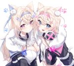  2girls animal_ear_fluff animal_ears animal_hands blonde_hair blue_eyes blush breasts chain cleavage collar dog_ears dog_girl dog_paws fuwawa_abyssgard hair_between_eyes hair_ornament hairclip headband headphones highres hololive hololive_english jacket kanae_(inorin05kanae) large_breasts long_hair long_sleeves looking_at_viewer midriff mococo_abyssgard multicolored_hair multiple_girls navel open_mouth paw_print red_eyes short_hair siblings streaked_hair tank_top twins two-tone_hair virtual_youtuber white_background 