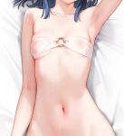  1girl arm_up armpits blue_hair breasts cleavage close-up collarbone commentary_request covered_nipples head_out_of_frame highres ichigo-chan_(mignon) lying mignon navel navel_focus o-ring o-ring_top on_back original revision see-through small_breasts solo stomach strapless sweat tube_top white_tube_top 