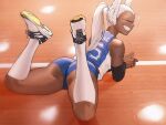  1girl :d animal_ears ass bare_shoulders black_sleeves blue_shorts boku_no_hero_academia closed_eyes dark-skinned_female dark_skin detached_sleeves from_behind hair_pulled_back highres jersey kneehighs long_hair lying mirko on_floor on_stomach own_hands_together ponytail rabbit_ears rabbit_girl rabbit_tail red_eyes shirt short_shorts shorts sleeveless sleeveless_shirt smile socks solo sportswear sweat tail thighs toned volleyball_uniform white_footwear white_hair white_socks zukululuu 