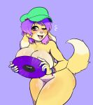  anthro big_breasts breasts canid canine canis chromefox domestic_dog female fur hair hi_res mammal one_eye_closed purple_background purple_hair simple_background solo thick_thighs vinyl_record wink yellow_body yellow_fur 